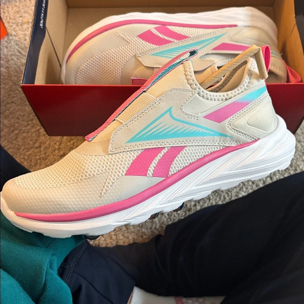 NEW reebok slip on lite spinner grey pink and aqua